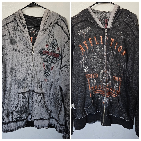 Affliction Men's XL Reversible  Black Gray Orange Edgy Zip-Up Jacket Cross Skull - Picture 1 of 13